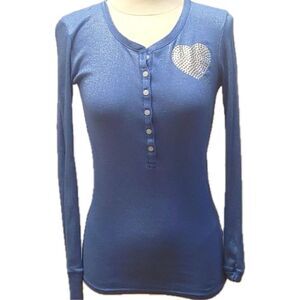 Vintage Y2K PINK Victoria’s Secret Blue Metallic Heart Henley Top XS Bella Swan